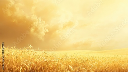 A golden wheat field beneath a bright and cloudy sky