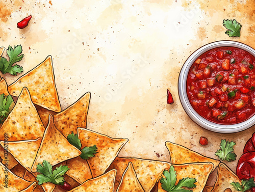 Festive nacho background with tortilla chips, salsa, and vibrant garnishes