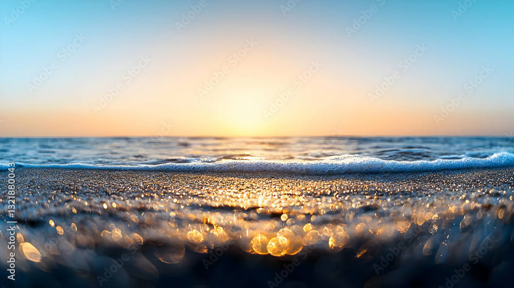 Naklejka premium Golden Sunrise Over Ocean Waves with Sparkling Sand and Tranquil Blue Sky Seascape Photography