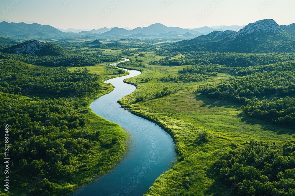 Fototapeta premium Serpentine river meandering through lush green valley, surrounded by majestic mountains under a clear sky.