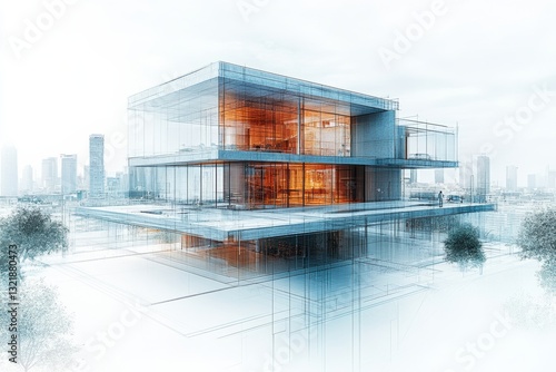 A modern architectural design featuring a transparent and geometric structure, showcasing innovative use of space and light in a sophisticated urban setting.