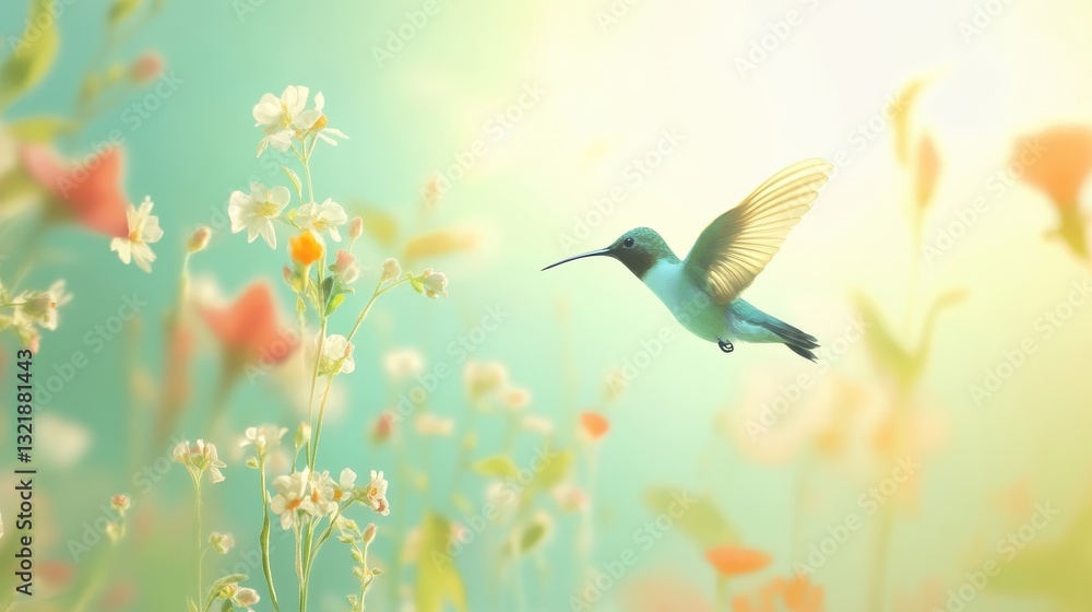 A Colorful Hummingbird Flies Near Delicate Wild Flowers A Colorful Hummingbird Flies Near Delicate Wild Flowers