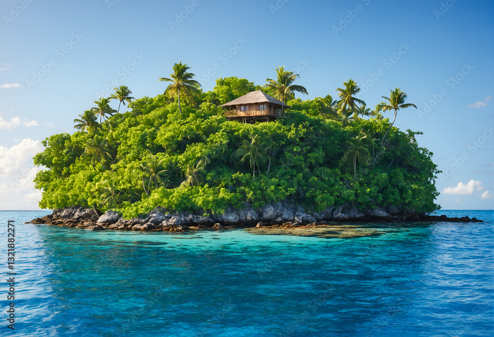Tropical island with hut and palms surrounded by ocean blue water