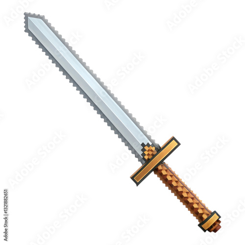 3D pixelated sword icon, retro RPG weapon design, isolated on black