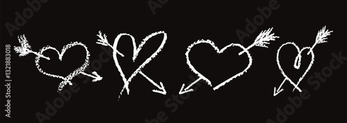 Set of white hearts signs drawn by wax pencil. Love symbols in doodle style. Collection of hand drawn kid hearts with arrow stuck in its. Valentines day or wedding card elements. Vector illustration