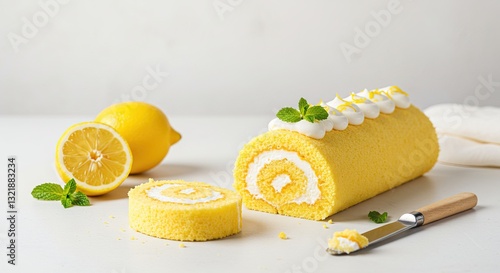 Delicious Lemon Swiss Roll Cake with Cream, Mint, and Zest photo