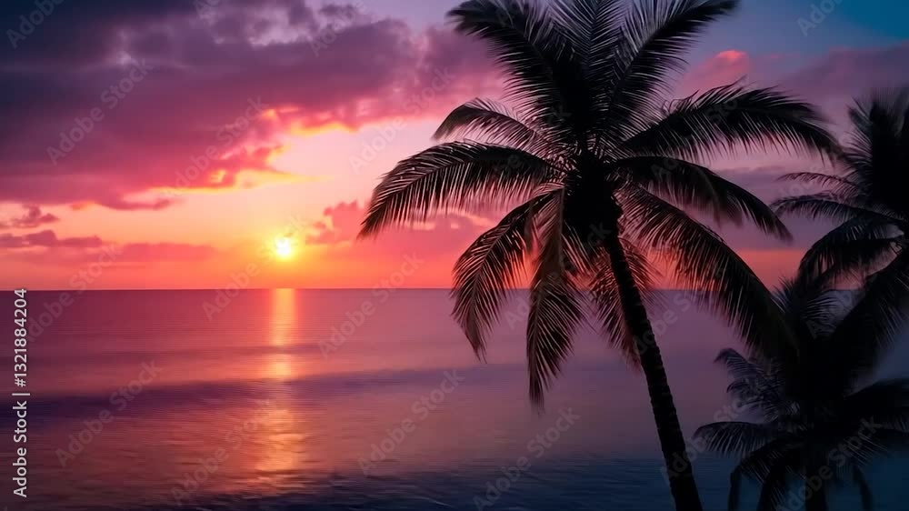 Vibrant Sunset Paradise: Palm Trees Silhouette at Dusk Vibrant Sunset Paradise: Palm Trees Silhouette at Dusk