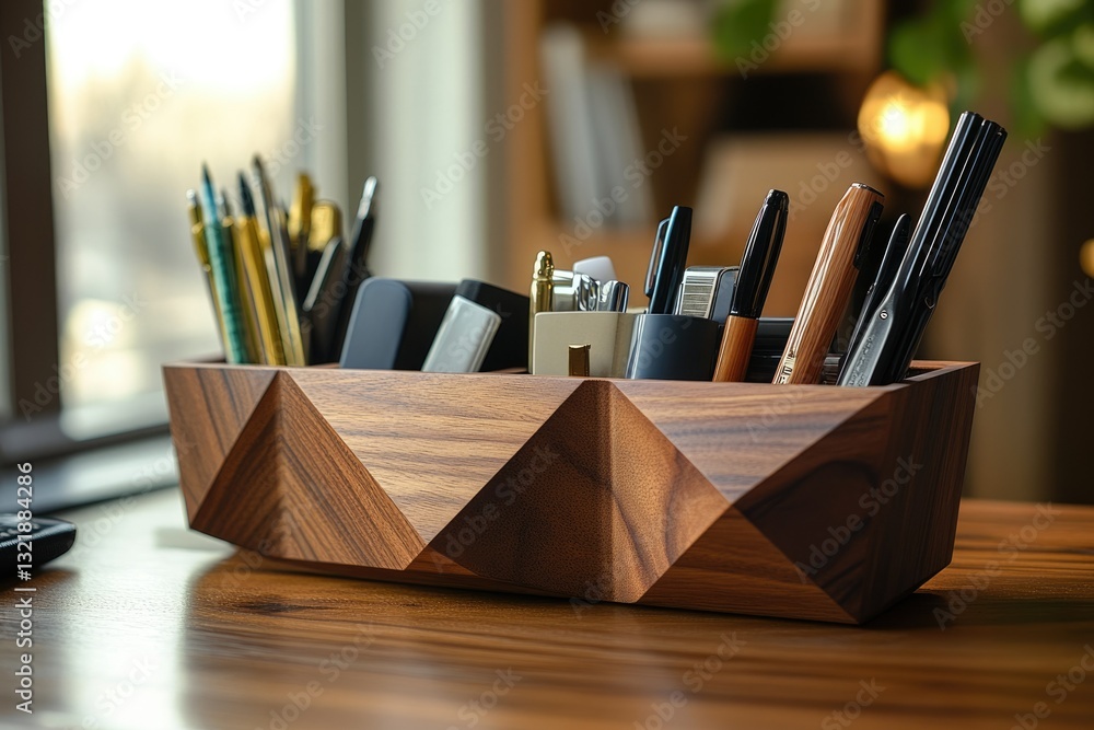 Obraz premium A wooden desk organizer holds various pens, pencils, and lighters, showcasing a tidy workspace.