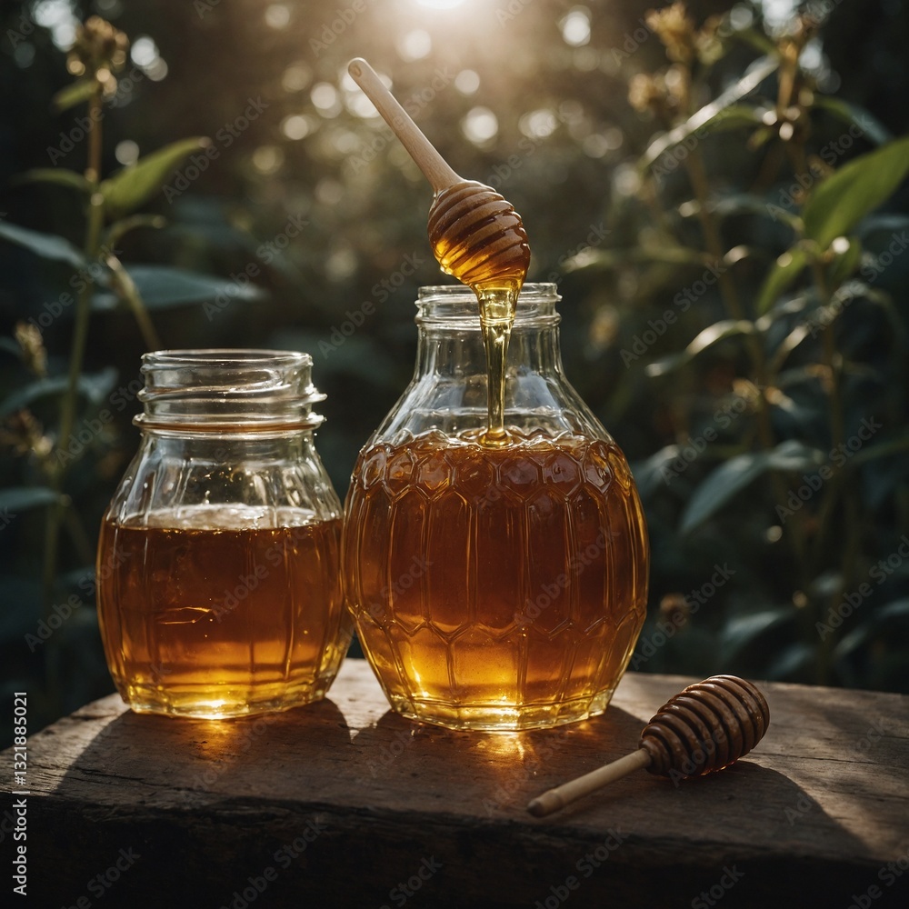 The golden brilliance of honey displayed in a jar, highlighting its smooth and luxurious texture The golden brilliance of honey displayed in a jar, highlighting its smooth and luxurious texture