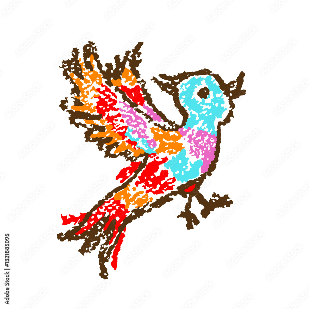 Tropical crazy fantastic doodle vibrant funny bird. Crayon like kid`s hand drawn bright colorful jungle flying character parrot or lark. Vector pastel chalk or pencil childlike simple cartoon naive ar