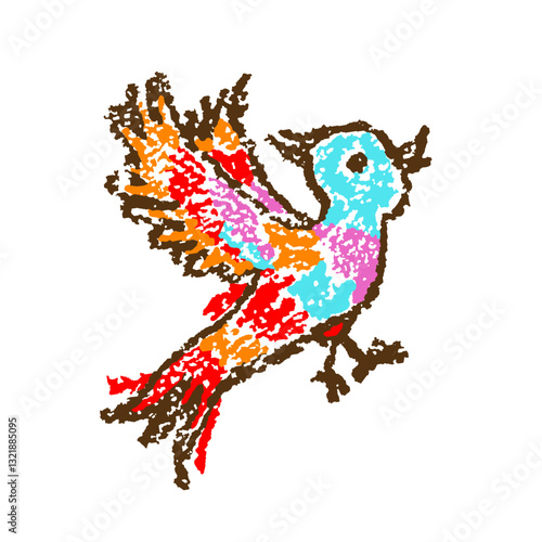 Tropical crazy fantastic doodle vibrant funny bird. Crayon like kid`s hand drawn bright colorful jungle flying character parrot or lark. Vector pastel chalk or pencil childlike simple cartoon naive ar