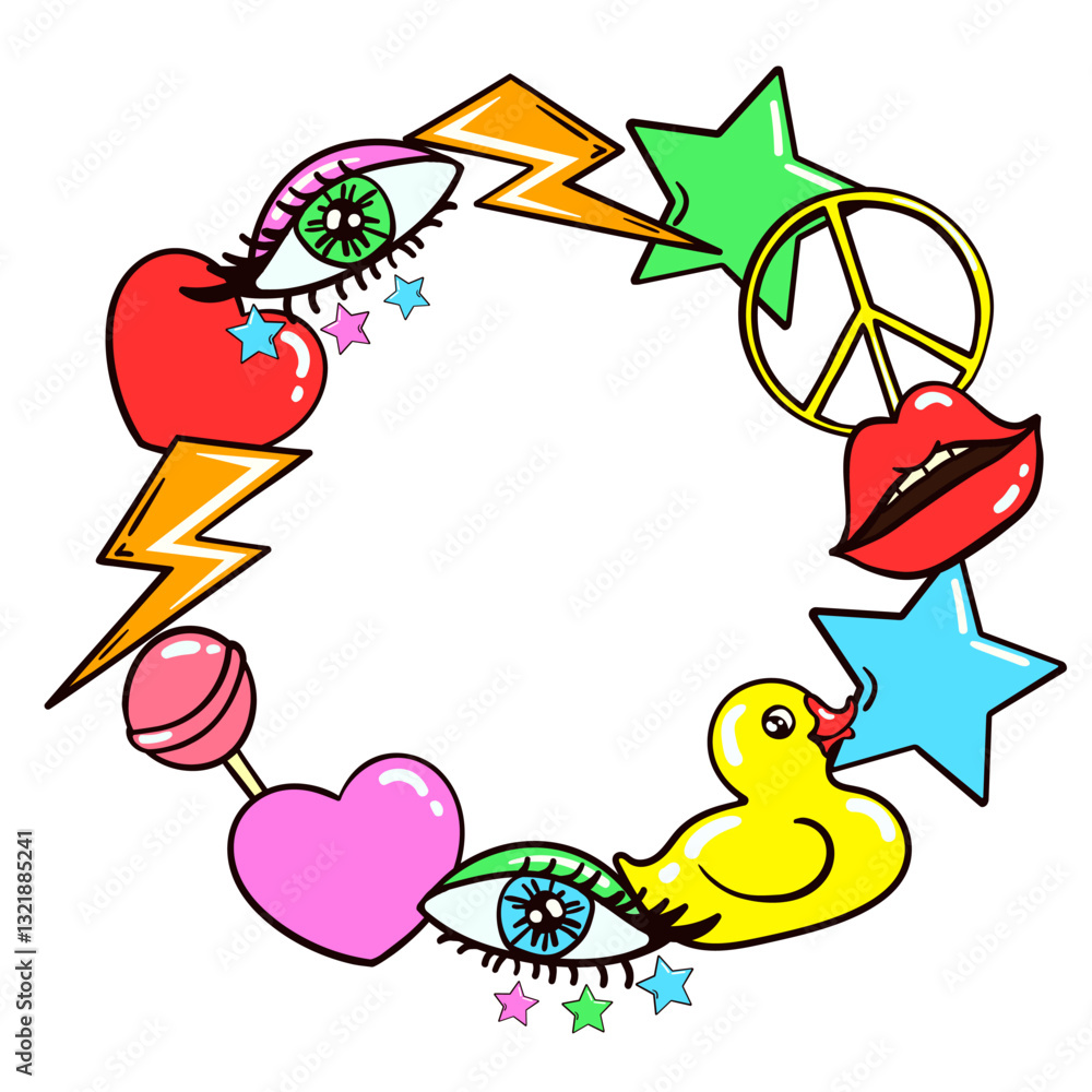 Round frame 70s, 80s items style set. Cartoon colorful funny retro vibes background. Vector flat vibrant bright trendy pop old disco funky art. Lips, yellow duck, pacific, star, heart, lollipop