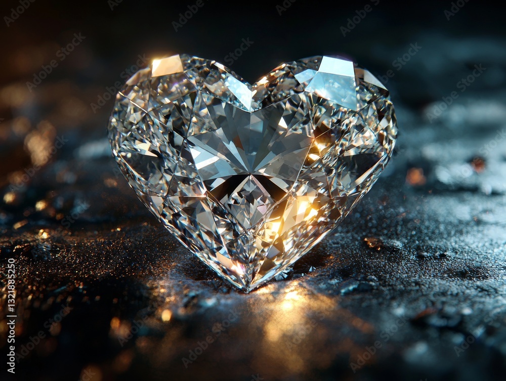 Brilliant heart cut diamond resting on a textured surface with highlights Brilliant heart cut diamond resting on a textured surface with highlights