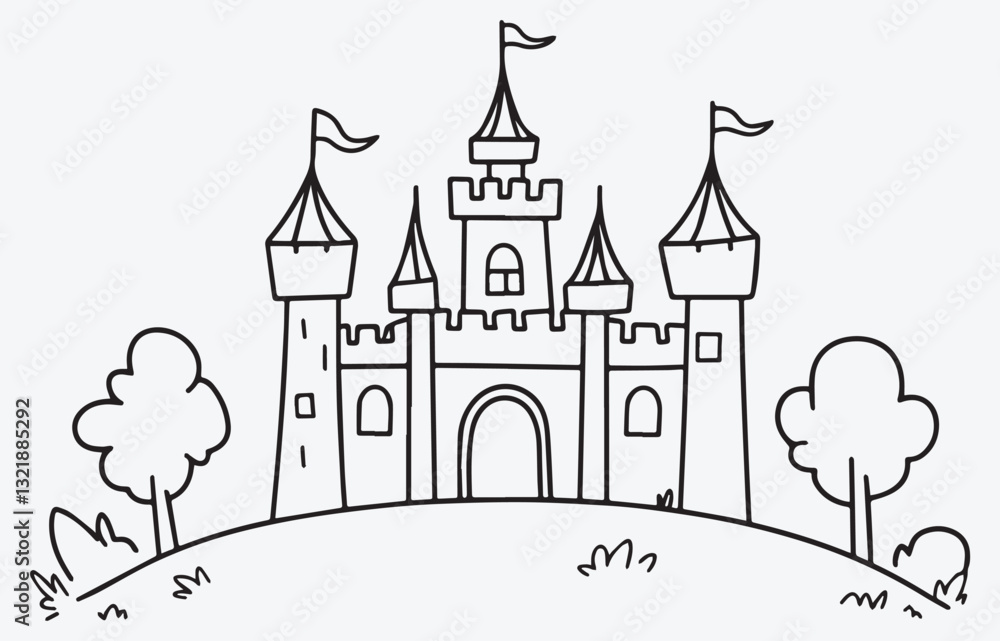 Fototapeta premium A hand-drawn Minimalist Outline of a Castle with Towers and Flags, Perfect for Fantasy and Historical-Themed Illustrations, a drawing of no color, children coloring books and illustrations, Vector EPS