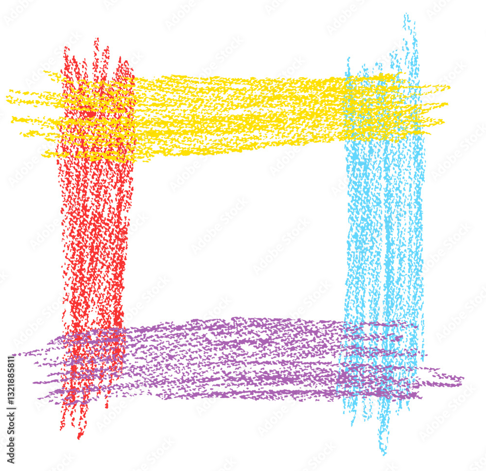 Hand drawn square frame, design element, copy space or background. Crayon, pastel chalk or pencil style grainy grunge border texture. Vector vibrant bright rough scribbles template for banner message