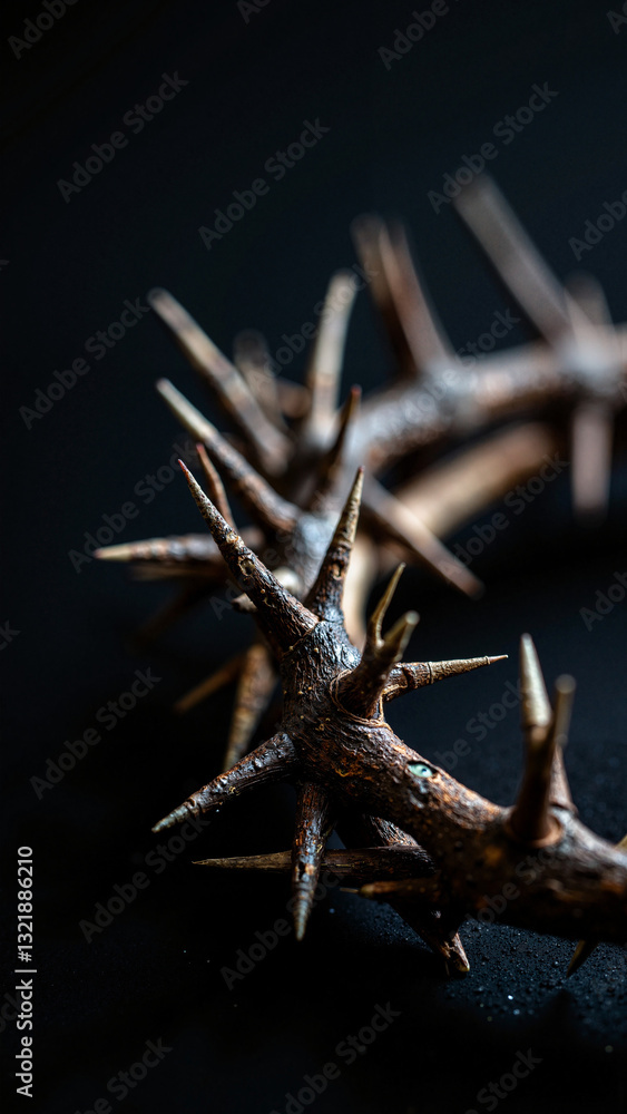 Intricate Crown of Thorns Against Black Background - Perfect for Easter Marketing, Religious Publications, and Spiritual Education Intricate Crown of Thorns Against Black Background - Perfect for Easter Marketing, Religious Publications, and Spiritual Education