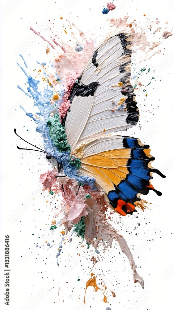 Obraz premium Vibrant Colorful Butterfly Emerging from Abstract Paint Splashes and Artistic Background with Motion Effects