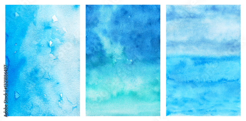 set Sky blue watercolor abstract background. collection backdrop Gradient fill Hand drawn texture Piece of heaven