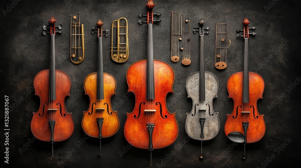 Naklejka premium Six String Instruments on Dark Background