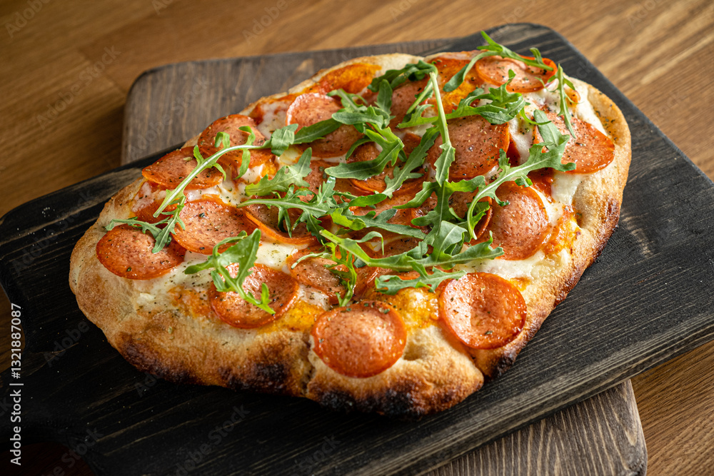 Hot, fresh Italian pizza topped with pepperoni and arugula on a rustic wooden table Hot, fresh Italian pizza topped with pepperoni and arugula on a rustic wooden table