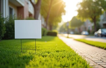 Yard sign mockup stands in lush green grass near street. Blank white sign for advertising, marketing message, commercial promo, event announcement in sunny summer day, blurred city background.