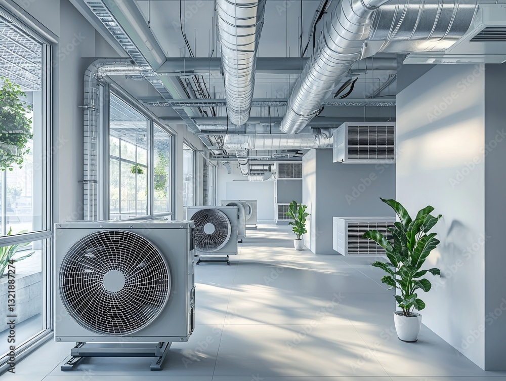 HVAC systems and air conditioning units installed in a modern office space