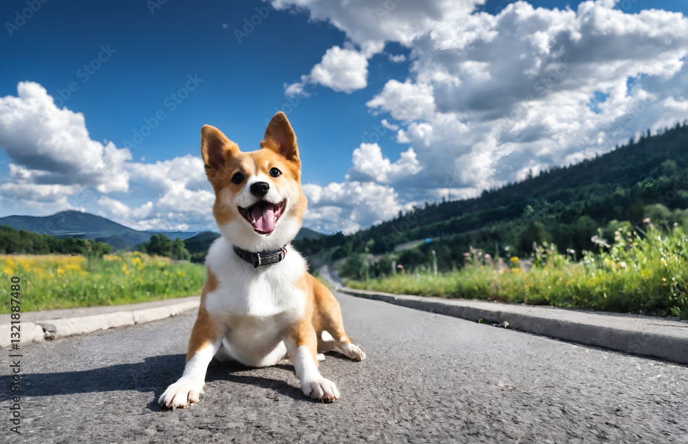 Funny dog on road street. Pets animals