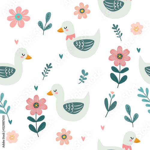 Seamless pattern of duck and flowers in a cute vintage style.