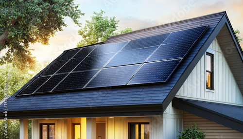 Wallpaper Mural Solar panels are prominently installed on the roof of a typical suburban house, capturing sunlight at sunset. The warm glow enhances the structures and surrounding trees Torontodigital.ca