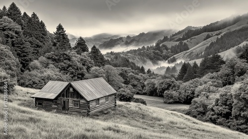 Wallpaper Mural Rustic Log Cabin in Misty Mountain Valley Torontodigital.ca