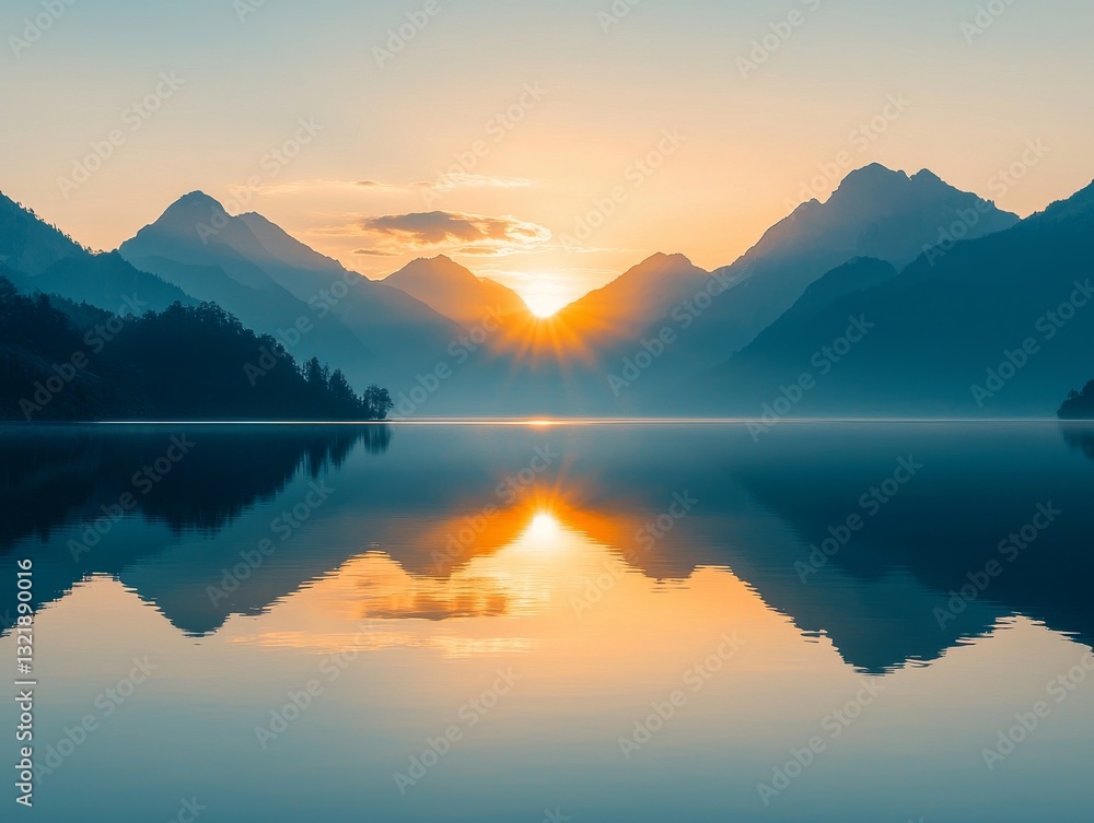 Spectacular sunrise reflecting on the tranquil lake mirroring the mountain range Spectacular sunrise reflecting on the tranquil lake mirroring the mountain range