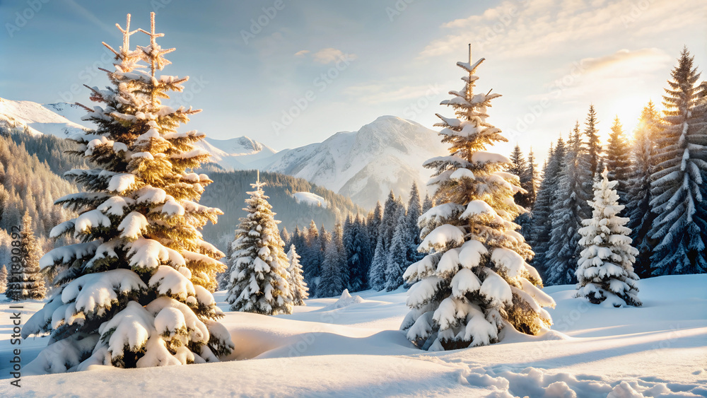 Obraz premium Snowy pines stand tall against a backdrop of majestic mountains, bathed in the golden light of sunrise.