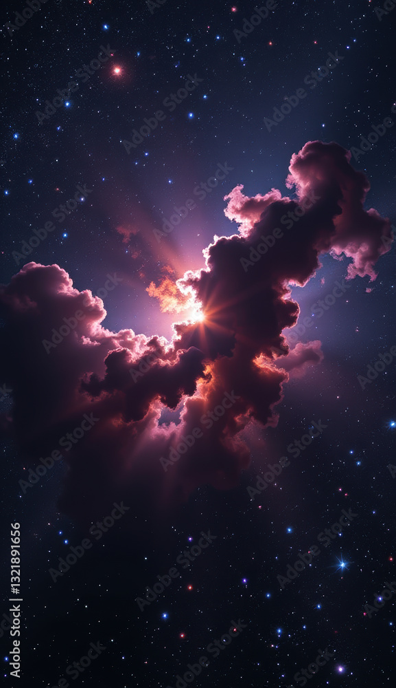 Fototapeta premium This stunning digital artwork presents a vibrant and surreal cosmic scene, blending elements of nebulae, planets, and star fields.