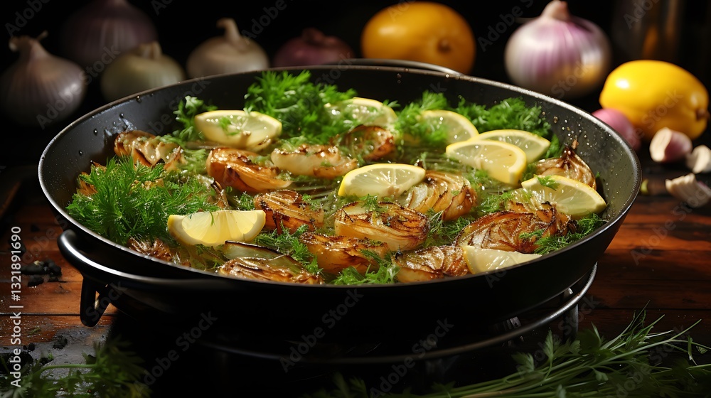 Roasted Onions with Lemon and Dill in a Pan