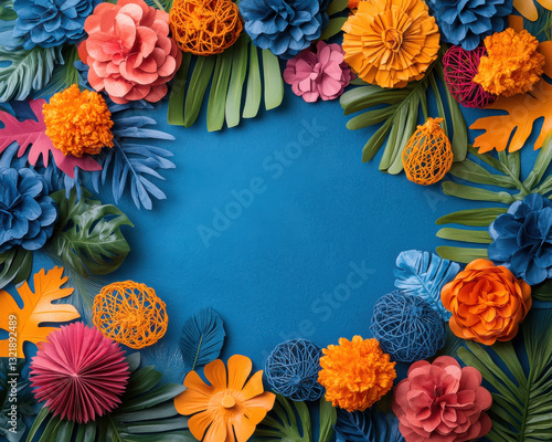 Vibrant floral and leaf arrangement on blue background with blank space