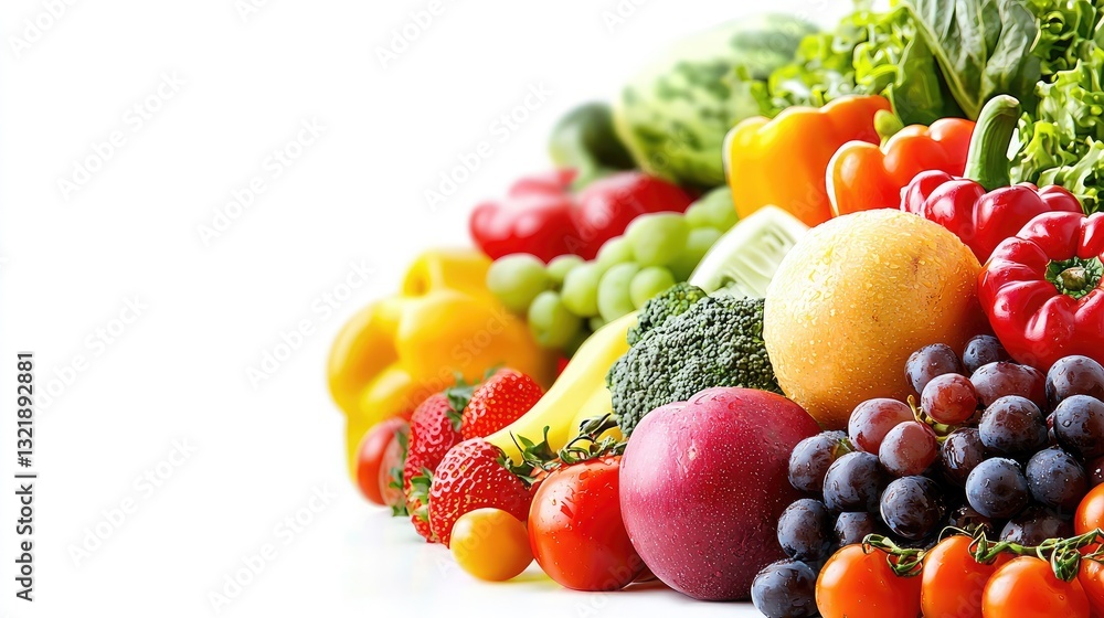 Colorful fresh fruits and vegetables on white background; healthy eating Colorful fresh fruits and vegetables on white background; healthy eating
