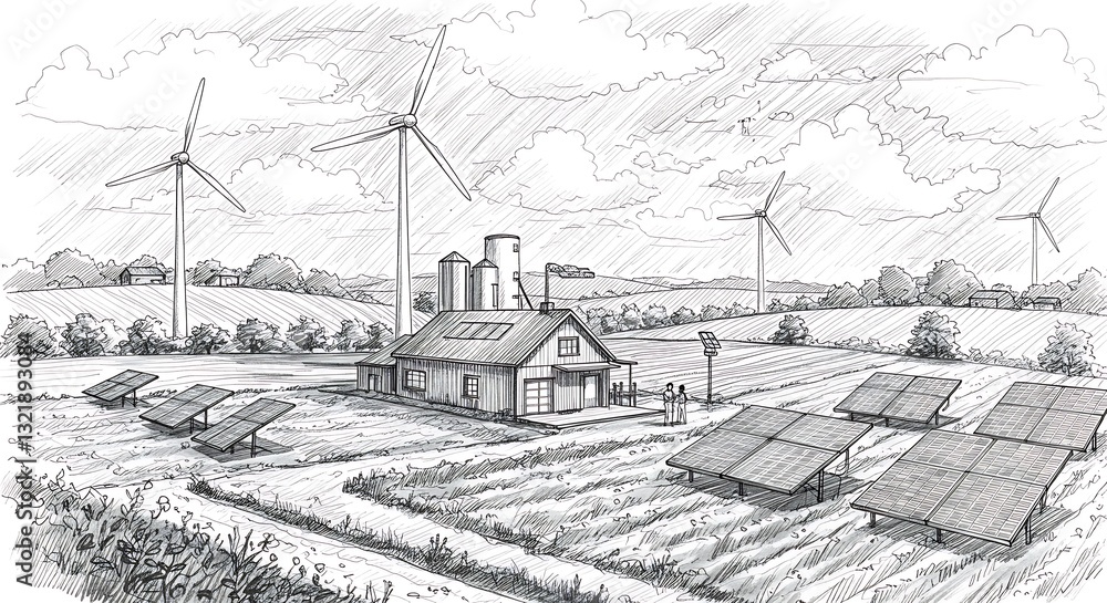 Fototapeta premium Photovoltaic panel and windmill for green energy generation. One continuous line art drawing.
