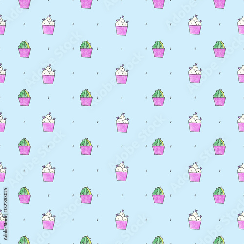 Seamless pattern of hand drawn cacti illustration made with colored pencils. Blooming Cactus in flower pots on blue background