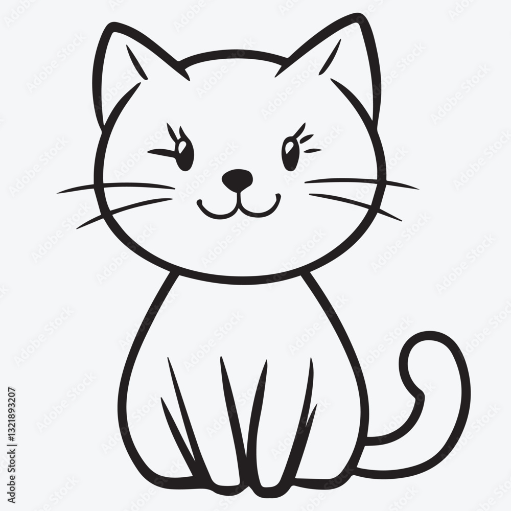 Obraz premium Outline of a Cute Cat Sitting with Its Tail Curled, Perfect for Relaxing and Pet-Themed Illustrations, a drawing of no color, children coloring books and, Vector EPS, transparent background.