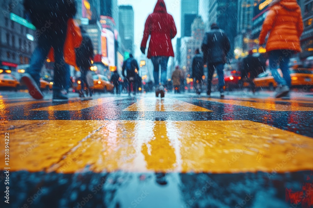 Fototapeta premium A vibrant city scene depicting people in raincoats crossing a wet street, showcasing urban life and the energy of a bustling metropolis.