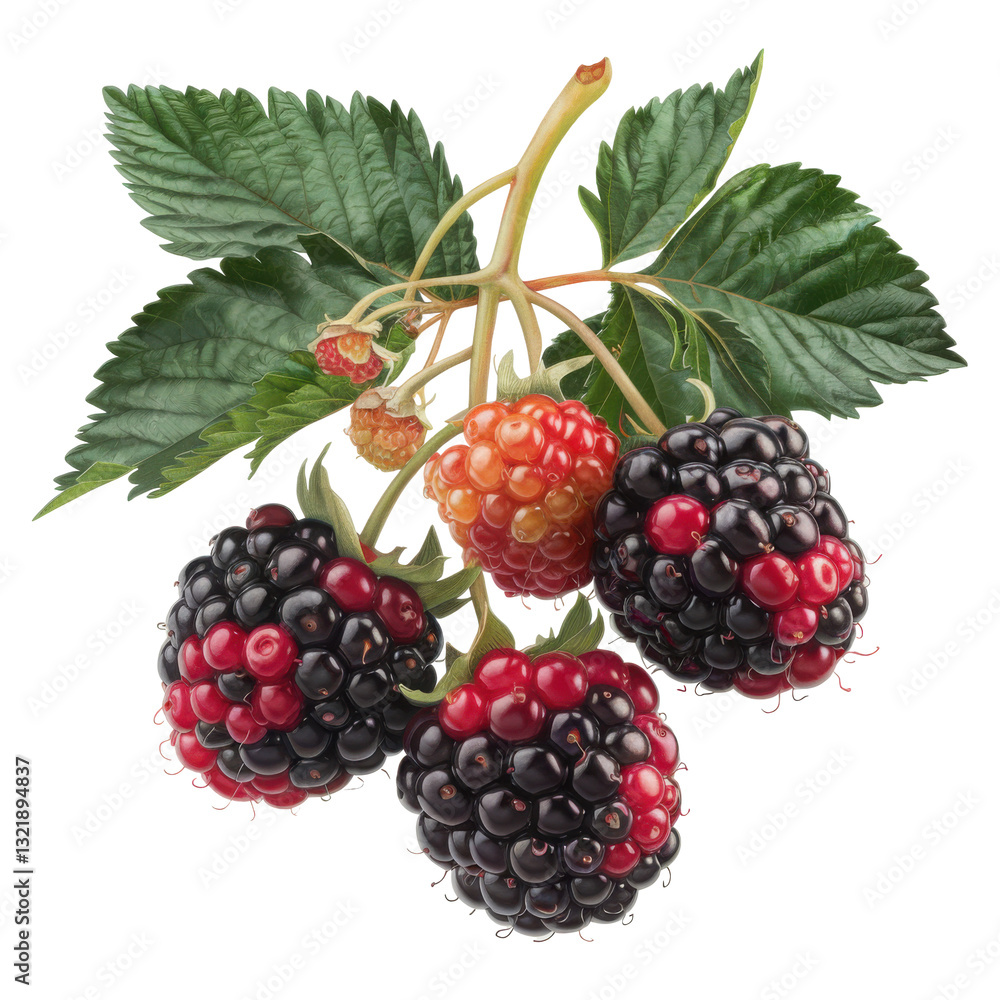 Ripe Blackberries and Raspberries on the Vine - Botanical Illustration Ripe Blackberries and Raspberries on the Vine - Botanical Illustration