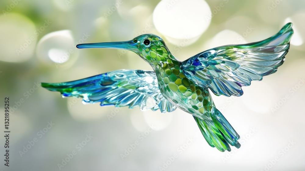 Obraz premium A delicate glass hummingbird figurine with iridescent green and blue tones.