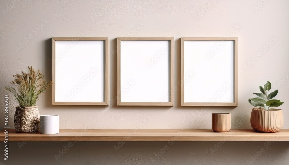 Three blank picture frames wall art posters on a wooden shelf with decorative items mockup Three blank picture frames wall art posters on a wooden shelf with decorative items mockup