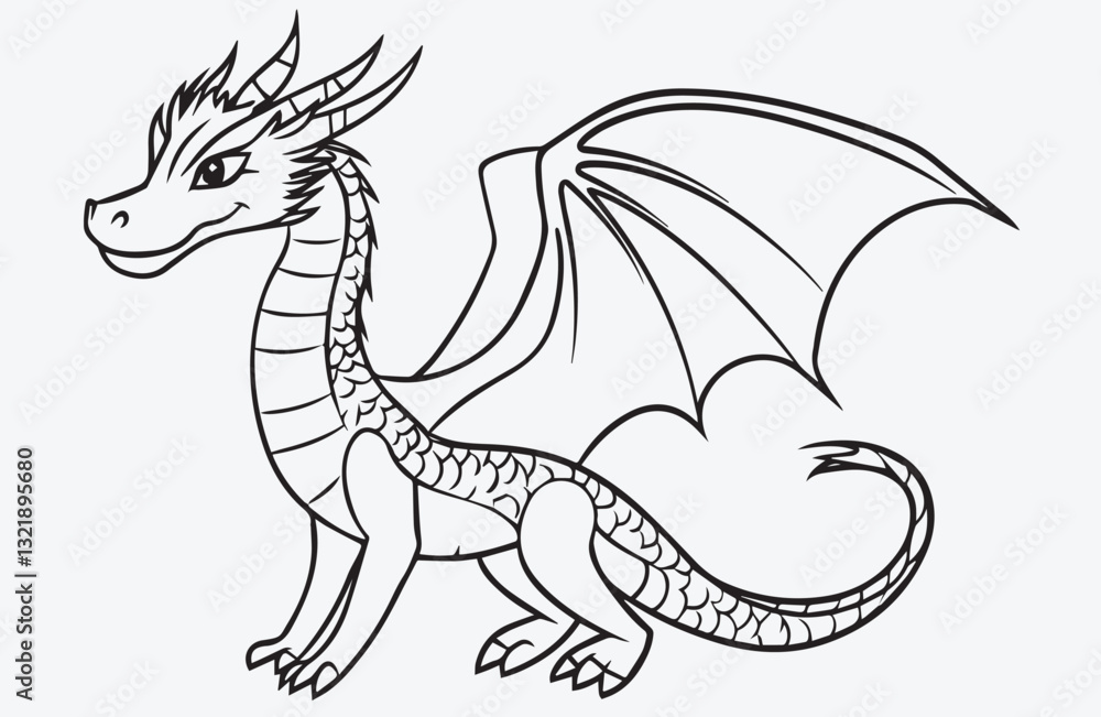 Fototapeta premium Outline of a Dragon with Wings and a Long Tail, Perfect for Fantasy and Mythical and Children’s Illustrations, a drawing of no color, children coloring books and illustrations, Vector EPS.