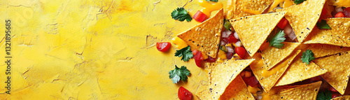 Crispy nachos with melted cheese, tomatoes, and cilantro on vibrant yellow background