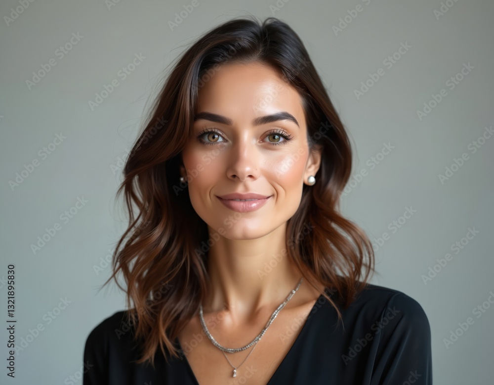 Charming closeup of smiling business woman with wavy brown hair, hazel eyes, pearl earrings, necklace. Confident female entrepreneur with stylish hairstyle poses for corporate portrait in studio. Charming closeup of smiling business woman with wavy brown hair, hazel eyes, pearl earrings, necklace. Confident female entrepreneur with stylish hairstyle poses for corporate portrait in studio.