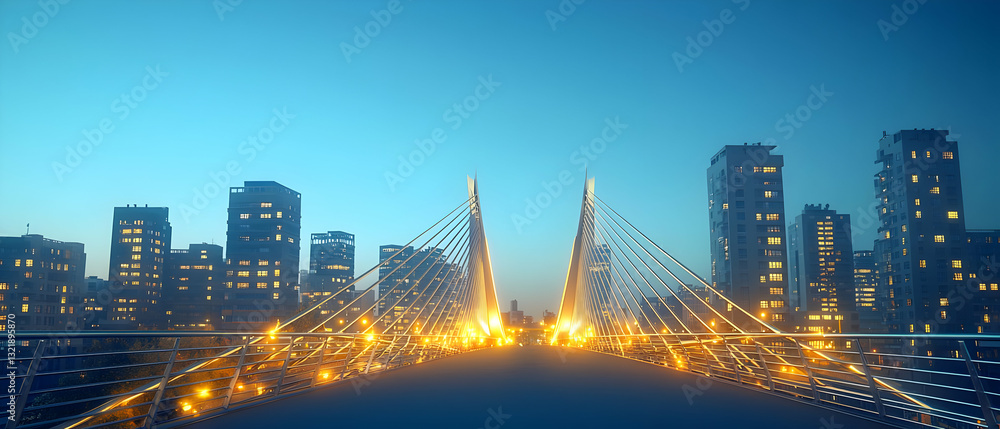 Fototapeta premium Illuminated Cityscape at Night with Modern Buildings and Glowing Geometric Patterns