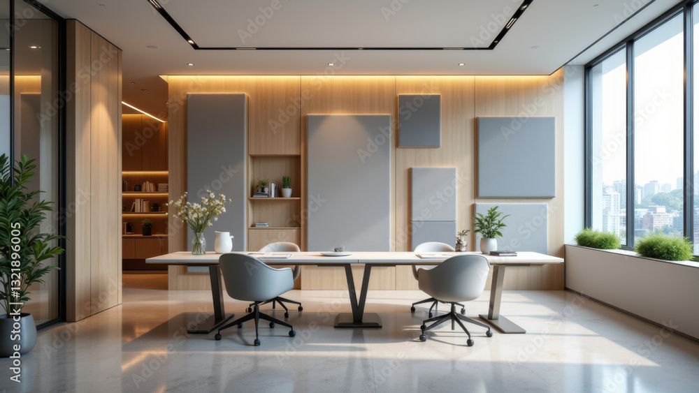 Fototapeta premium Office interior with acoustic panels and modern furniture.