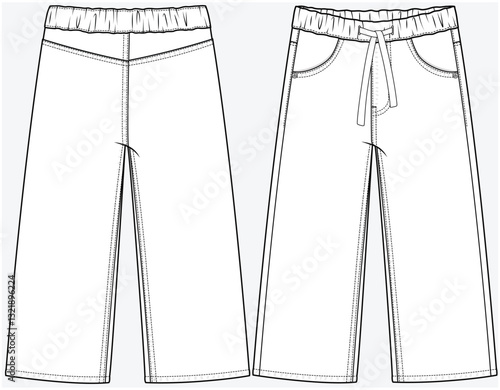 WIDE LEG DENIM JEANS TROUSER WITH DRAWSTRING DETAIL DESIGNED FOR KID GIRLS TWEEN GIRLS AND TODDLER GIRLS IN VECTOR FILE