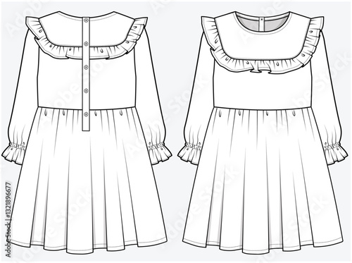 LONG SLEEVES WOVEN DRESS WITH FRILL BIB CUTE YOKE DETAIL DESIGNED FOR TEEN AND KID GIRLS IN VECTOR ILLUSTRATION FILE